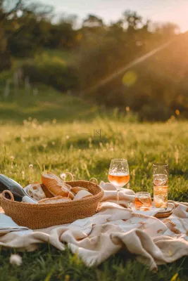 春天户外草坪野餐篮子露营食物酒面包摄影
