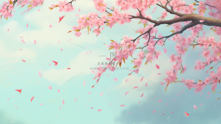 春天樱花桃花树粉色花瓣飘落卡通插画背景