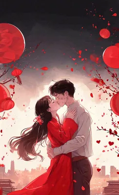 烟花中情侣在情人节的夜晚里拥抱亲吻，红色爱心气球爱情甜蜜