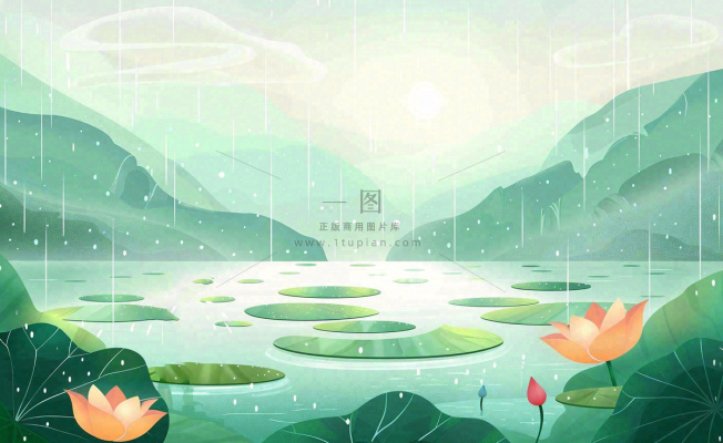 夏日荷花盛开暴雨天气山水花处暑小暑卡通插画背景 夏日荷花盛开暴雨天气山水花处暑小暑卡通插画背景