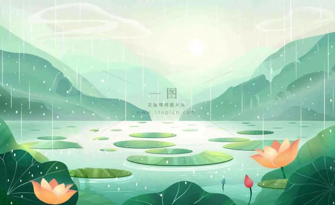 夏日荷花盛开暴雨天气山水花处暑小暑卡通插画背景 夏日荷花盛开暴雨天气山水花处暑小暑卡通插画背景