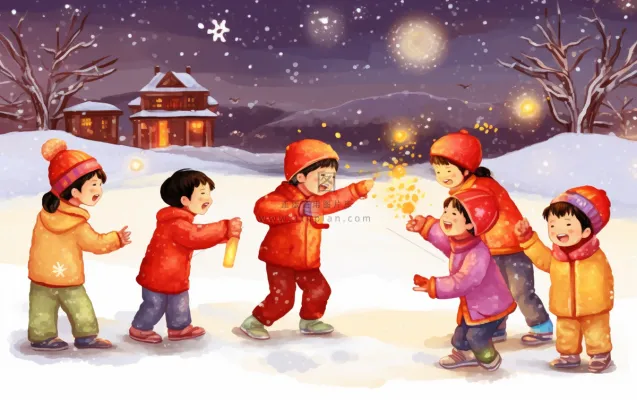 新年除夕夜烟花爆竹儿童玩乐喜庆卡通插画背景 新年除夕夜烟花爆竹儿童玩乐喜庆卡通插画背景