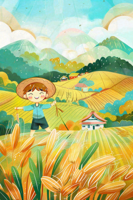 秋天农田丰收山村村庄稻草人水稻小麦立秋秋分芒种卡通插画背景 秋天农田丰收山村村庄稻草人水稻小麦立秋秋分芒种卡通插画背景