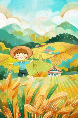 秋天农田丰收山村村庄稻草人水稻小麦立秋秋分芒种卡通插画背景 秋天农田丰收山村村庄稻草人水稻小麦立秋秋分芒种卡通插画背景