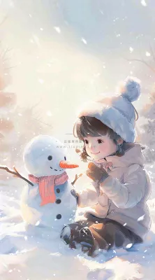 冬季白雪地堆雪人的小女孩可爱唯美大雪小雪冬至卡通插画背景