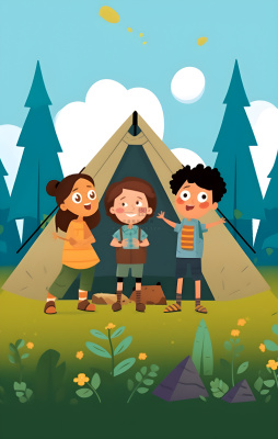 户外野外森林草原露营人们卡通插画背景 户外野外森林草原露营人们卡通插画背景