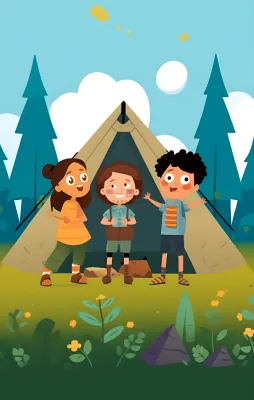 户外野外森林草原露营人们卡通插画背景 户外野外森林草原露营人们卡通插画背景