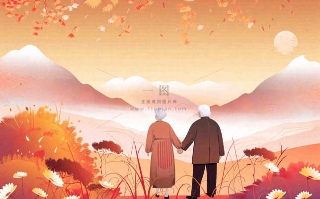 重阳节黄昏老人登高望远背影卡通插画背景