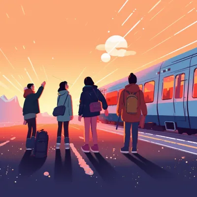 中国传统节日春节除夕春运赶火车回家团聚的人物插画海报背景