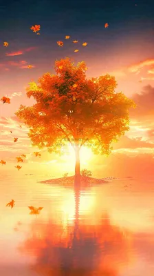 秋天树木的秋叶在河面上飘扬，金黄色温馨，秋分