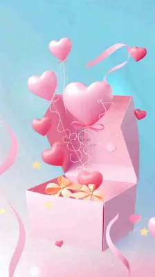 粉色立体爱心气球礼盒惊喜浪漫情人节七夕插画背景