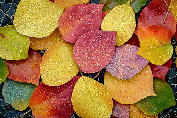 秋天雨季的落叶色彩摄影图