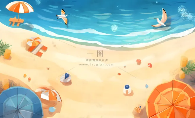 夏日海滩海边浪花海鸥背景