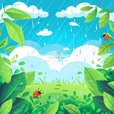 惊蛰雨水谷雨春天卡通手绘插画瓢虫昆虫绿色花草卡通插画背景 惊蛰雨水谷雨春天卡通手绘插画瓢虫昆虫绿色花草卡通插画背景
