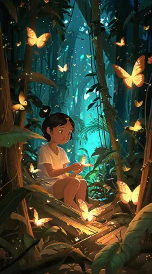 森林意境儿童少女灯光蝴蝶手绘插画,丛林树木 森林意境儿童少女灯光蝴蝶手绘插画,丛林树木