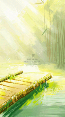 夏日森林丛林阳光绿色河面草丛树木手绘插画，夏至小暑大暑