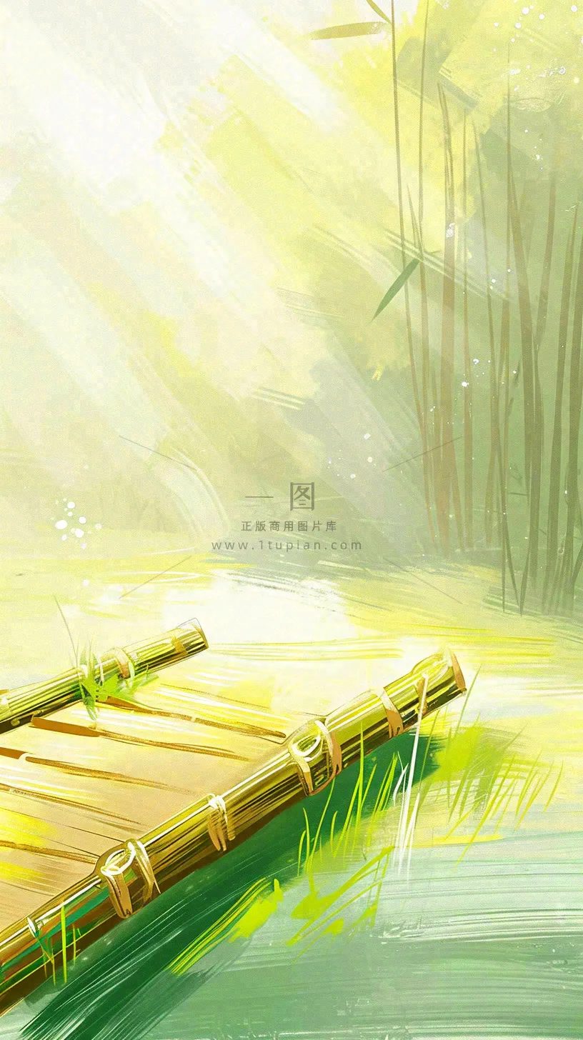 夏日森林丛林阳光绿色河面草丛树木手绘插画,夏至小暑大暑