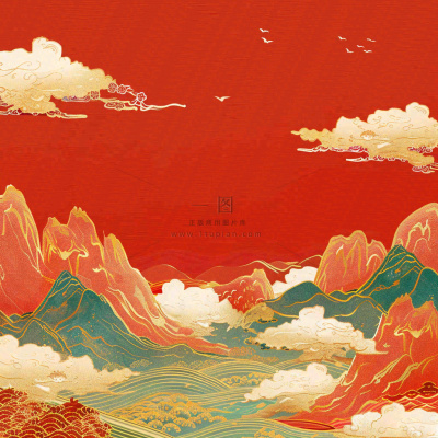 国潮风红色山云祥云青山红色祖国山河磅礴大气古风国庆新年插画背景