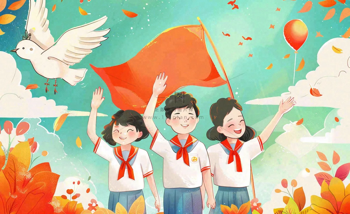 卡通红领巾学生举手旗帜和平鸽班长竞选祖国花朵国庆卡通插画背景