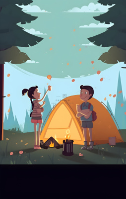 户外野外森林草原露营人们卡通插画背景 户外野外森林草原露营人们卡通插画背景
