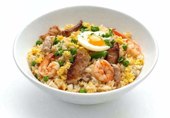 虾仁时蔬炒饭蘑菇美食摄影图