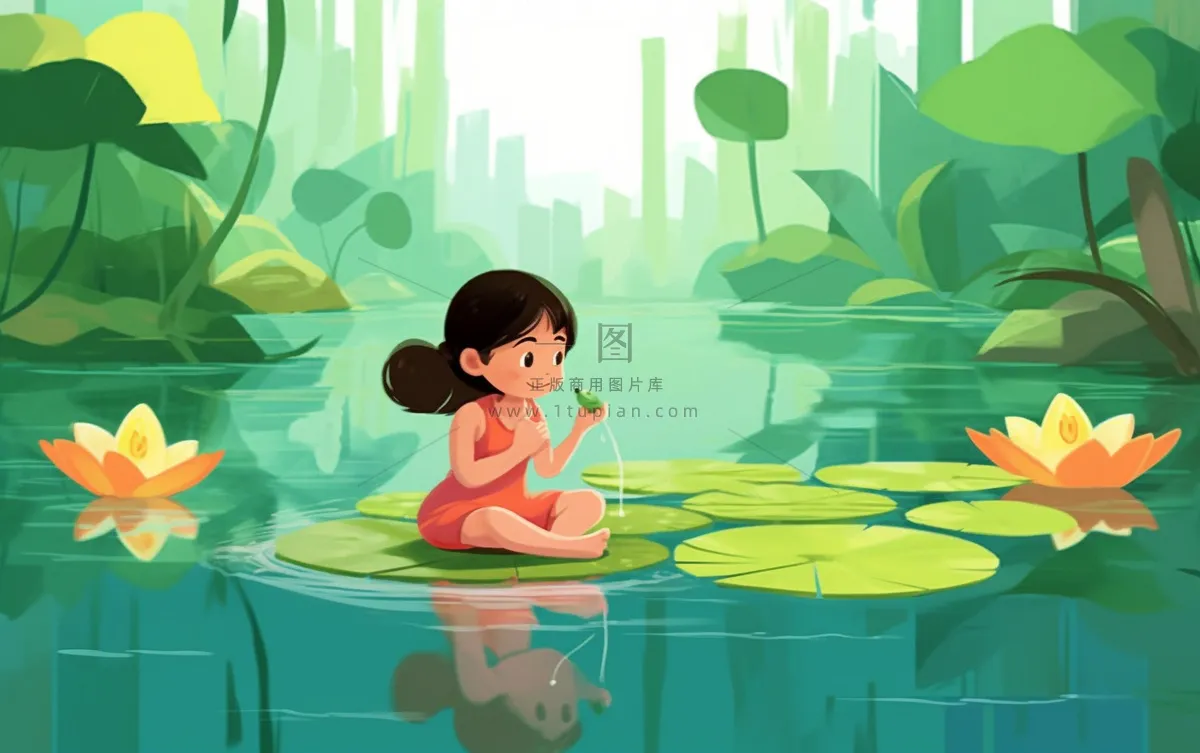 湖泊坐着睡莲上的人碧蓝插画背景