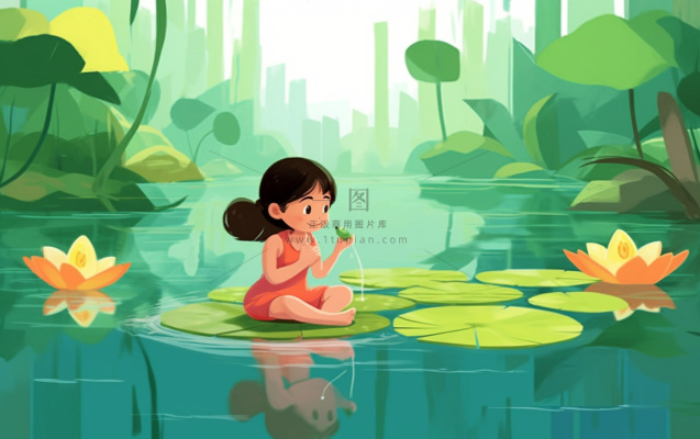 湖泊坐着睡莲上的人碧蓝插画背景 湖泊坐着睡莲上的人碧蓝插画背景