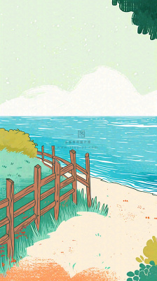 海边沙滩玩耍旅行夏日假期游玩手绘插画，可爱清新，夏至小暑大暑