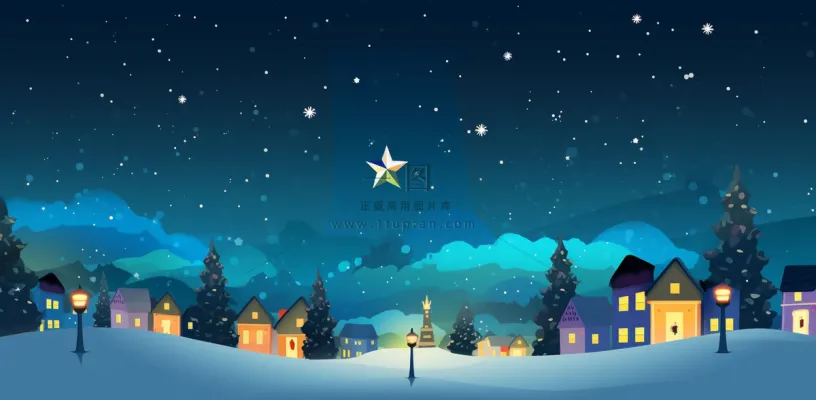 冬季雪天圣诞小镇装饰夜晚节日氛围卡通插画背景