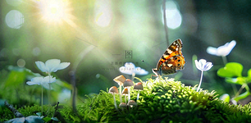 阳光斑驳下的蝴蝶苔藓蘑菇春天森林春分惊蛰摄影图 阳光斑驳下的蝴蝶苔藓蘑菇春天森林春分惊蛰摄影图