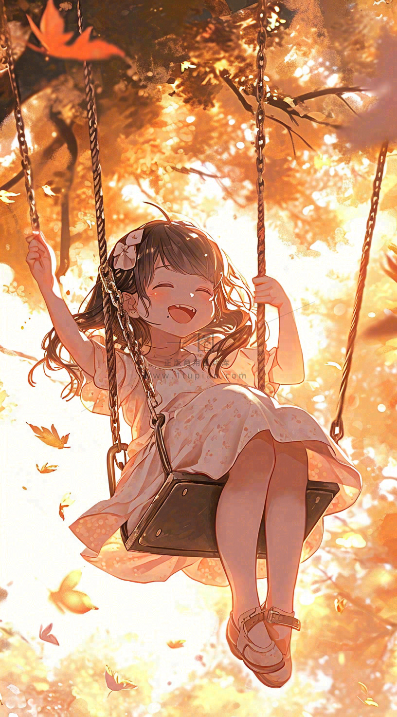 秋天秋叶少女儿童荡秋千玩耍,可爱手绘插画
