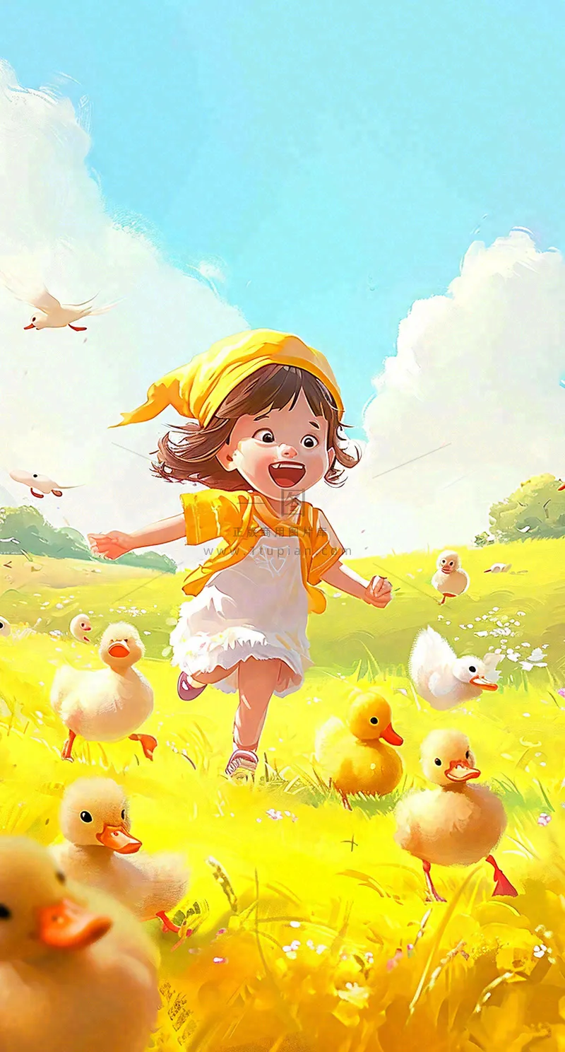 儿童节可爱鸭子奔跑,蓝天白云草地童真玩耍,清新插画