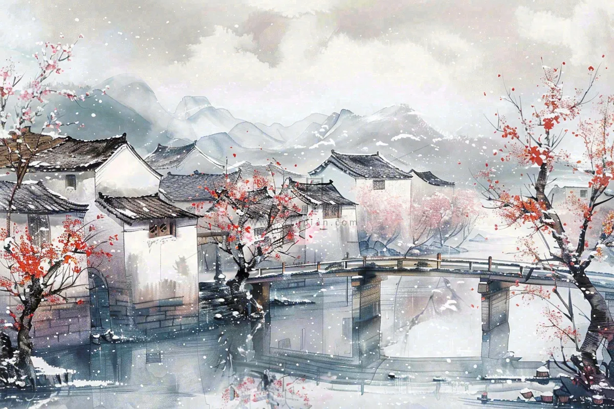 中国水墨画江南水乡梅花古风冬天大雪纷飞小雪大雪冬至插画背景
