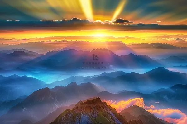 清晨日出朝霞云层山川摄影图