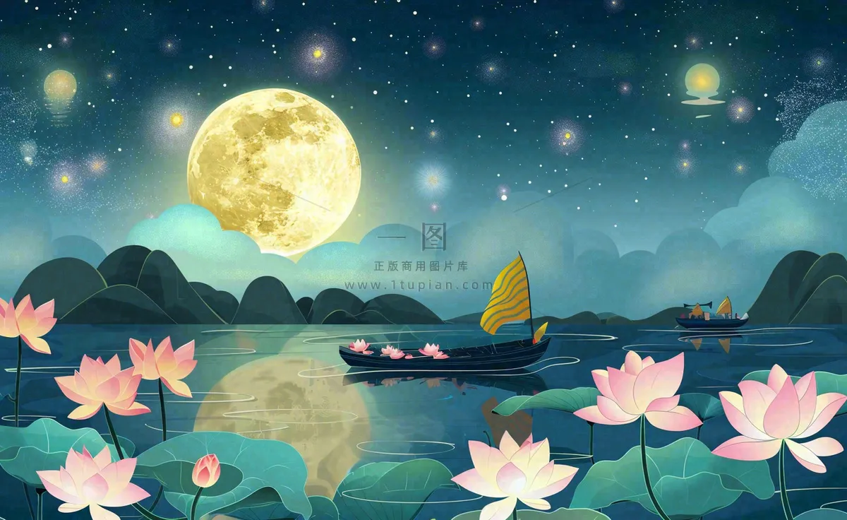 中秋夜晚赏月荷花山水河流中的帆船舟月亮倒映水面中元节寒露插画背景