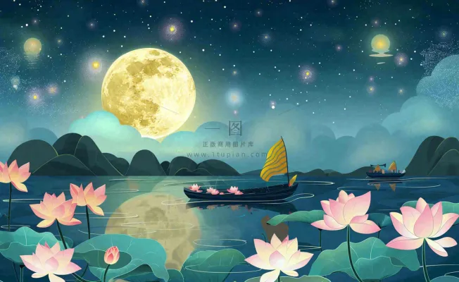 中秋夜晚赏月荷花山水河流中的帆船舟月亮倒映水面中元节寒露插画背景 中秋夜晚赏月荷花山水河流中的帆船舟月亮倒映水面中元节寒露插画背景