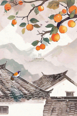 秋天婺源村庄柿子树老式建筑屋檐中国风国画水彩立秋秋分处暑背景 秋天婺源村庄柿子树老式建筑屋檐中国风国画水彩立秋秋分处暑背景