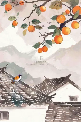 秋天婺源村庄柿子树老式建筑屋檐中国风国画水彩立秋秋分处暑背景 秋天婺源村庄柿子树老式建筑屋檐中国风国画水彩立秋秋分处暑背景