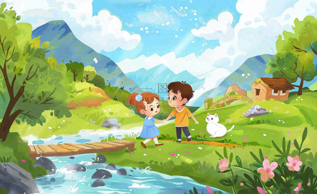 春天出游踏青森林公园小溪小桥樱花小孩宠物立春春分惊蛰绿色卡通插画背景