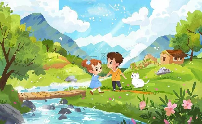 春天出游踏青森林公园小溪小桥樱花小孩宠物立春春分惊蛰绿色卡通插画背景