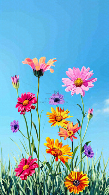 春天蓝天白云草坪鲜花，五彩缤纷鲜艳摄影图