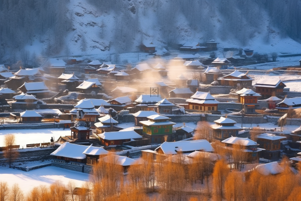 冬天白雪覆盖的小村庄雪景摄影图