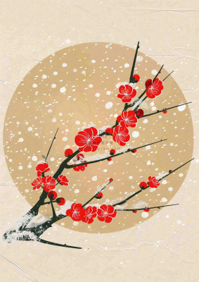 冬天梅花红圆形背景纸张纹理古风国风节日小年插画背景