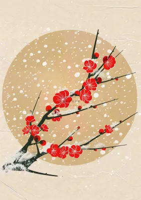 冬天梅花红圆形背景纸张纹理古风国风节日小年插画背景 冬天梅花红圆形背景纸张纹理古风国风节日小年插画背景