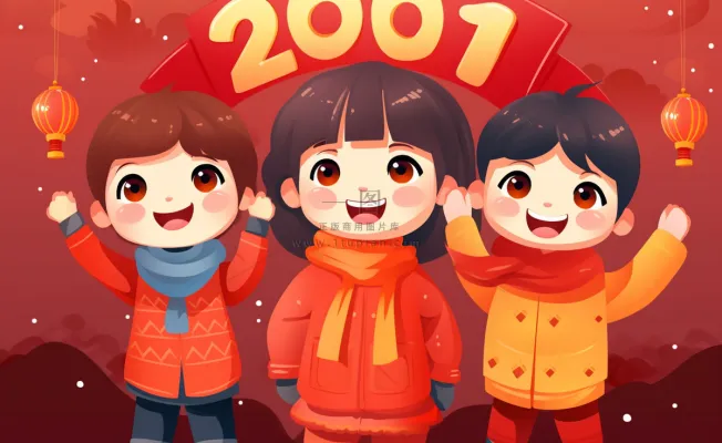 新年张灯结彩孩子们玩乐喜庆红色氛围庆祝卡通插画背景