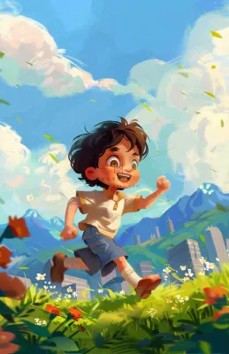 遨游大自然草坪的孩子快乐儿童节卡通插画背景 遨游大自然草坪的孩子快乐儿童节卡通插画背景