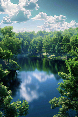 夏天晴天湖泊森林倒影摄影图