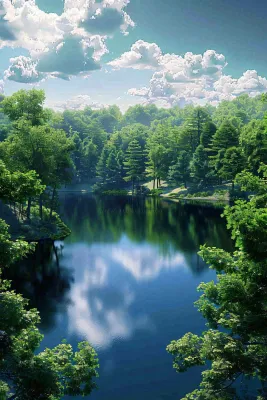 夏天晴天湖泊森林倒影摄影图