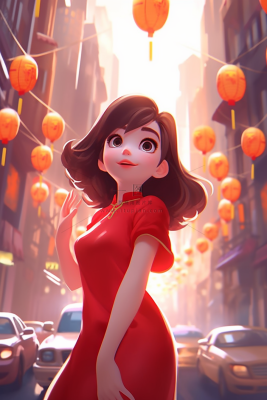 新年春节红色中式旗袍的女孩张灯结彩喜庆卡通插画插图背景 新年春节红色中式旗袍的女孩张灯结彩喜庆卡通插画插图背景