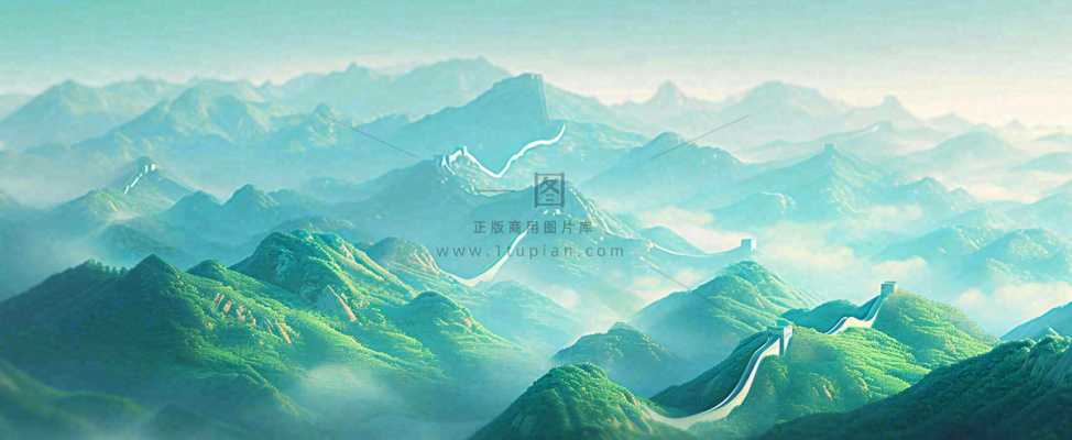 崇山峻岭高山白云中国风插画长城风景 崇山峻岭高山白云中国风插画长城风景